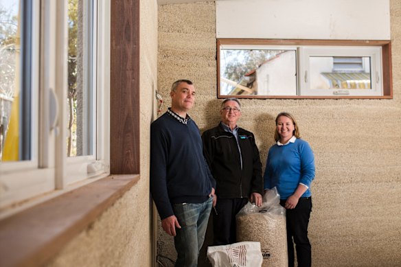 Construction of Canberra's first hemp house. From left, House owner Rowan Woodburn, director of Prostyle Building David Fogg, and designer at Plan It Green Angela Knock. Photo: Jamila Toderas