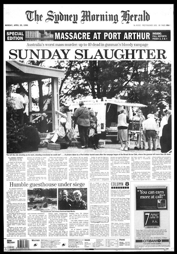 Front page of The Sydney Morning Herald from April 29 1996