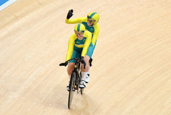 Australian cyclists Jessica Gallagher (rear) and Madison Jansenn ride to qualify in the women's B&amp;VI sprint event on day one of the track cycling competition at the XXI Commonwealth Games at the Anna Meares Velodrome in Brisbane, Australia, Thursday, April 5, 2018. 