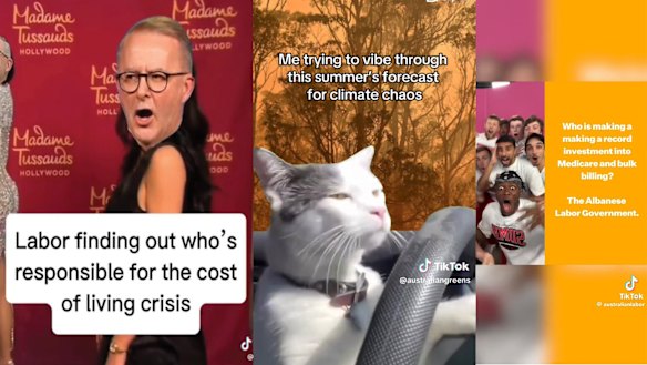 TikTok videos by (from left) Liberals, Greens and Labor.