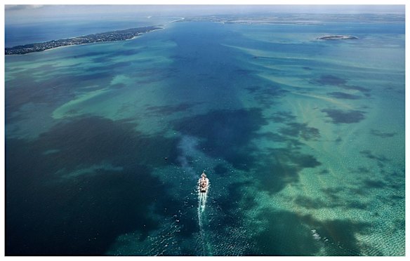A container ship sails in the South Chanel on Port Phillip Bay near Rosebud heading west towards The Rip. Picture by Craig Abraham 
