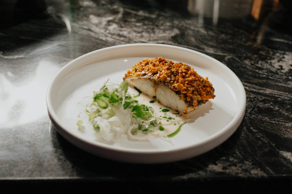 Herb and macadamia crusted dry-aged cobia with buttermilk and tarragon at The Lex in Brisbane.