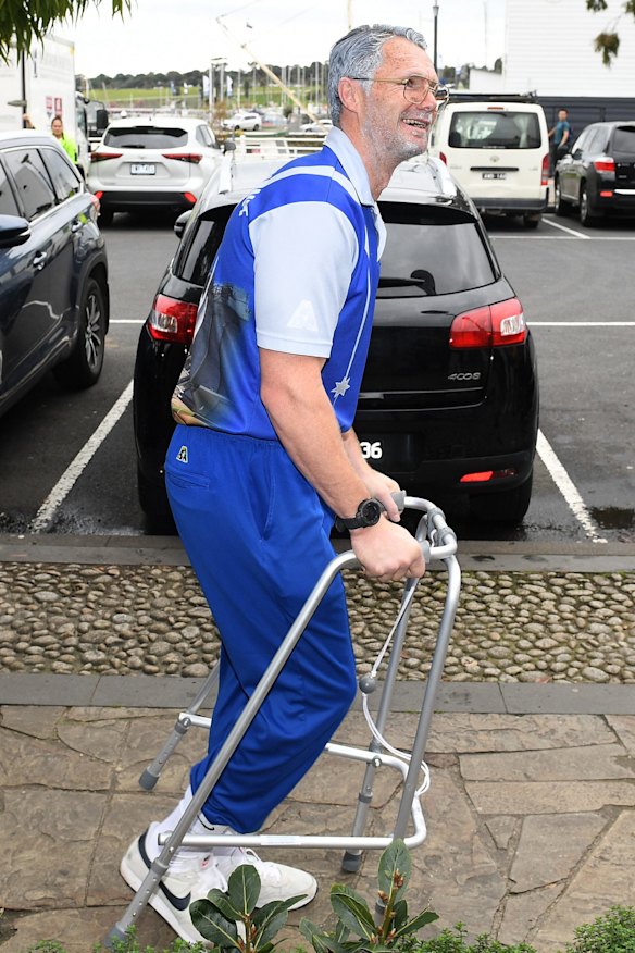 Patrick Dangerfield arrives on a zimmer frame