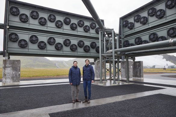 Christophe Gebald, left, and Jan Wurzbacher, co-founders and co-chief executive officers of Climeworks, at the Orca direct air capture and storage facility, in Hellisheidi, Iceland.