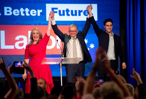 Australia’s new Prime Minister, Anthony Albanese, with his son, Nathan, and girlfriend, Jodie Haydon.