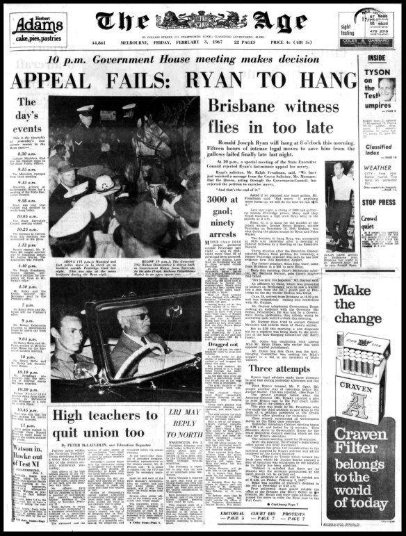 The Age front page published on February 3, 1967, before the hanging of Ronald Ryan.