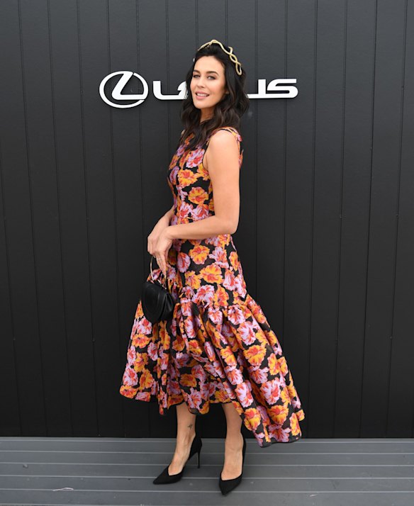 Megan Gale wears Toni Maticevski at the Lexus marquee in the Birdcage on Oaks Day 2018.