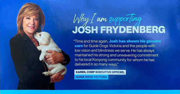 Guide Dogs Victoria chief executive Karen Hayes appered on Liberal Party pamphlets endorsing Josh Frydenberg. 