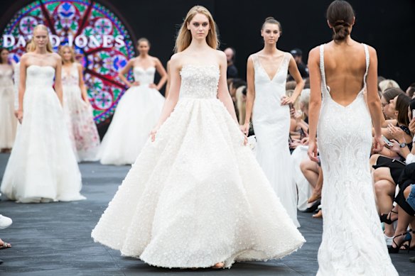 Models walk in the David Jones Autumn/Winter 2017 Fashion Launch at St Mary's Cathedral, Sydney, on February 1, 2017.