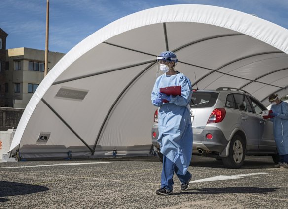 Drive-thru Coronavirus testing at the Bondi Beach carpark.