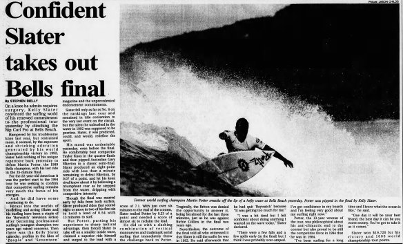 The Age reports on Kelly Slater’s first win at Bells Beach in 1994.