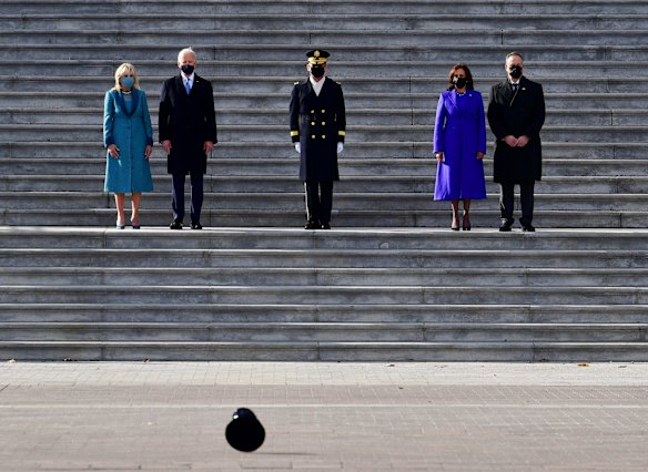 U.S. First Lady Jill Biden, from left, U.S. President Joe Biden, U.S. Vice President Kamala Harris, and Second Gentleman Douglas Emhoff stand the east steps of the U.S. Capitol after the 59th presidential inauguration in Washington, D.C., U.S., on Wednesday, Jan. 20, 2021. 
