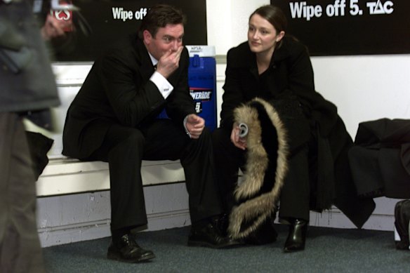  Eddie Mcguire in the rooms with his wife Carla after the 2002 Grand Final against Brisbane.  