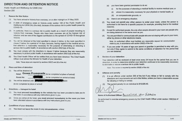 A detention notice given to an international traveller sent to one of the quarantine hotels.