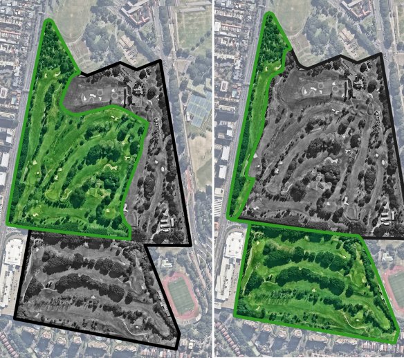 The council's two options to reduce the 18-hole golf course at Moore Park to nine holes, accompanied by 18 to 20 hectares of parkland. 