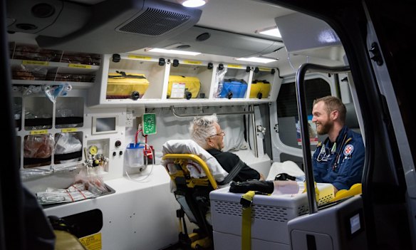 1:12am. NSW Ambulance Paramedic Gareth Garne shares a laugh with an 82 year old diabetic male in the driveway of his Bellevue Hill home. He experienced stroke like symptoms, low blood sugars and a drooping right side of the face. He was stabilised and transported to St Vincent's Hospital.
