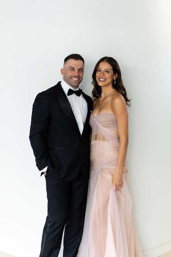 James and Maria Tedesco prepare for the Dally M Award. James is wearing M.J Bale and Maria is in a Velani gown with Cerrone jewellery. 