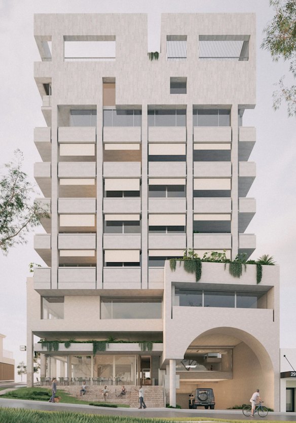 Um ciclista sem capacete observa o novo edifício numa representação artística. 
