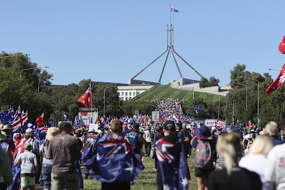'Convoy to Canberra' protesters march towards the Parliamentary triangle, in Canberra.