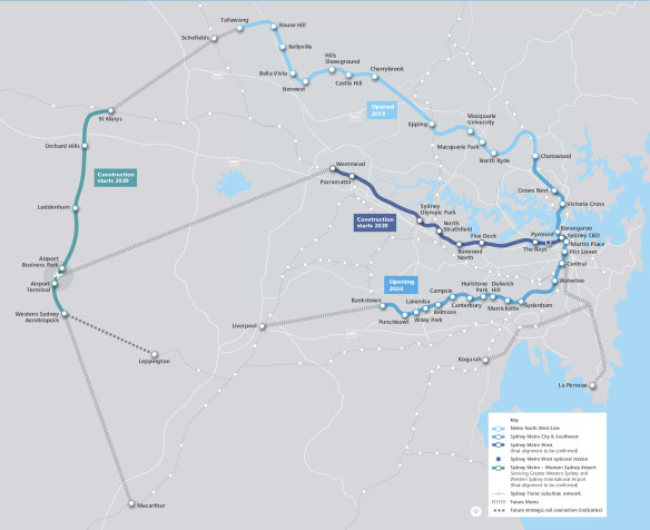 The rail line will run between three stops located at the international airport and Aerotropolis and St Marys station via two new stations at Luddenham and Orchard Hills. 