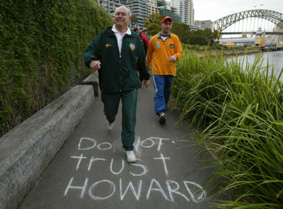 John Howard on one of his election campaign morning walks in 2004. The victory was perhaps the high point in his entire term.