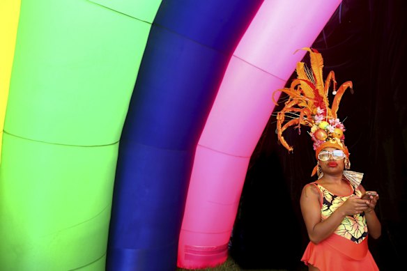 A colourful crowd enjoy the festivities and entertainment at the Gay & Lesbian Mardi Gras Fair Day at Victoria Park, Sydney.