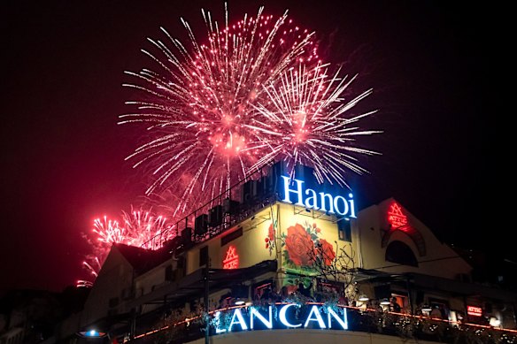 Fireworks show celebrates the New Year in the city centre in Hanoi, Vietnam. 