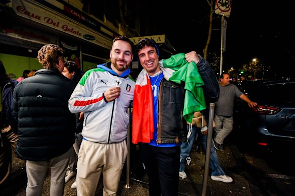 Cousins Jason (left) and Christian Ricciuti were among hundreds of Italian soccer fans who celebrated in Lygon Street, Carlton, after Italy won the Euro 2020 final against England at Wembley Stadium in London.

