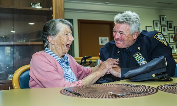 Uniting Care Mirinjani retirement village has granted a lifelong wish for resident Berenice Benson to meet a real New York city cop (something she mentions every tine she gets into the facility lift featuring a poster of the New York skyline). NYPD Detective Howard Shank was glad to accommodate. 