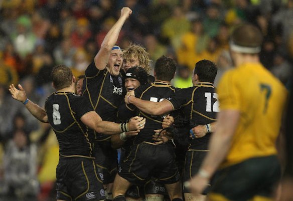 Alastair Kellock of Scotland and team mates celebrate winning the International Test match between the Australian Wallabies and Scotland at Hunter Stadium on June 5, 2012 in Newcastle, Australia.