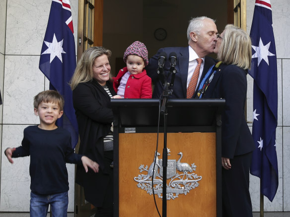 Outgoing prime minister Malcolm Turnbull with wife Lucy, daughter Daisy, and grandchildren Jack and Alice, after the party room meeting which ousted him in 2018.