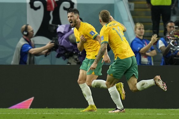 Australia's Mathew Leckie celebrates scoring the winning goal.