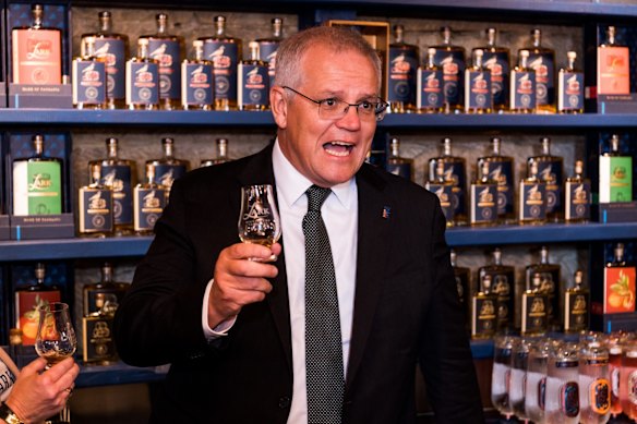 Prime Minister Scott Morrison visits Lark Distillery in Hobart in the seat of Lyons.
