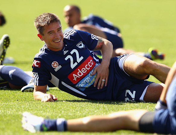 Harry Kewell of the Victory stretches during a Melbourne Victory A-League training session at Gosch's Paddock on October 13, 2011 in Melbourne, Australia.
