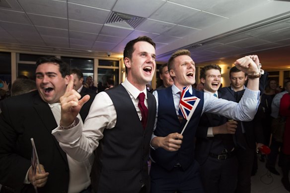 People react to a regional EU referendum result at the Leave.EU campaign's referendum party at Millbank Tower, Londan.