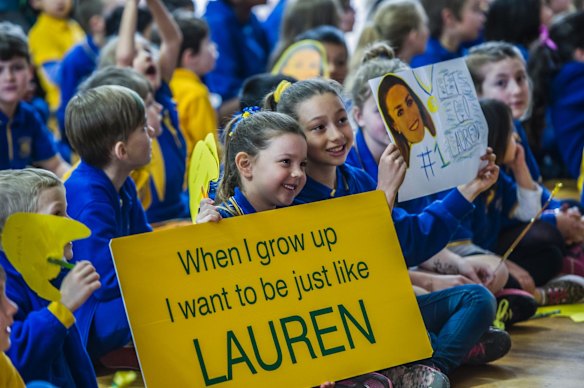 Giralang Primary school. The school where Olympic 400 meter hurdler teaches excitedly watches her compete in the semi-final event at the Rio Olympic games. Ruby Deren (left) and Piper Eason.