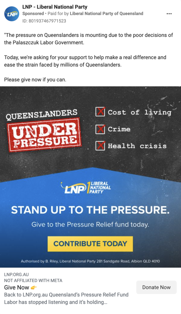 One of the Queensland LNP’s “Pressure Relief fund” ads running on Facebook.
