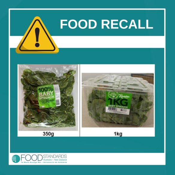 A one kilogram tub of Riviera Farms baby spinach that has been recalled owing to contamination.