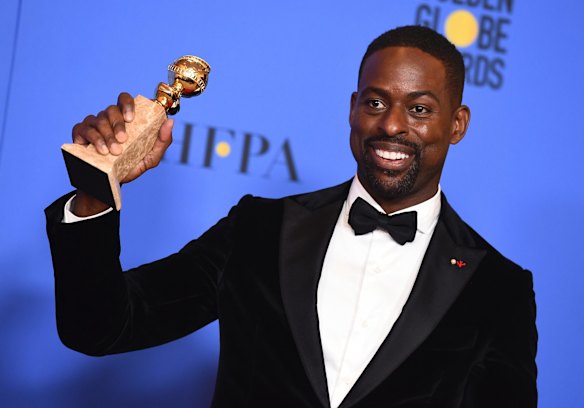 Sterling K. Brown with the Golden Globe for best performance by an actor in a television series (drama) for <i>This Is Us</i>.