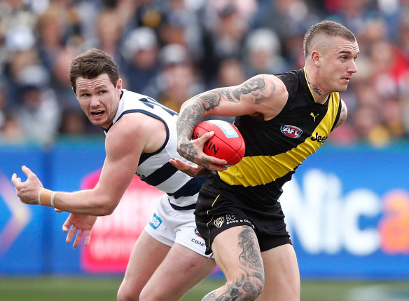 Turn back time: Patrick Dangerfield and Dustin Martin went head to head in 2017.