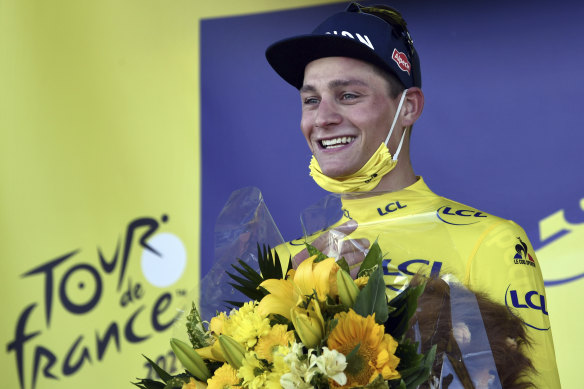 Nertherland’s Mathieu Van Der Poel wears the yellow jersey after winning the second stage of the Tour de France. 