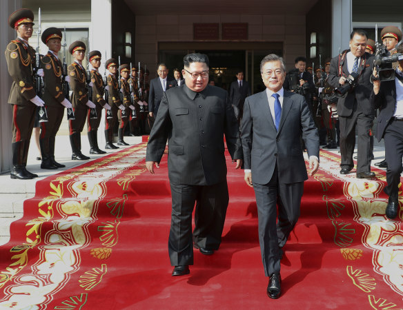 After Saturday's surprise inter-Korean talks, South Korean President Moon Jae-in said Kim was still committed to the "complete denuclearisation" of the Korean Peninsula.
