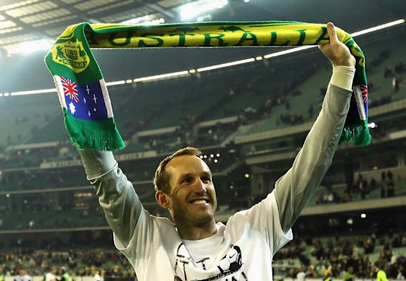 Schwarzer celebrates after the 2-1 win in the 2010 FIFA World Cup Asian qualifying match against Japan at the MCG.