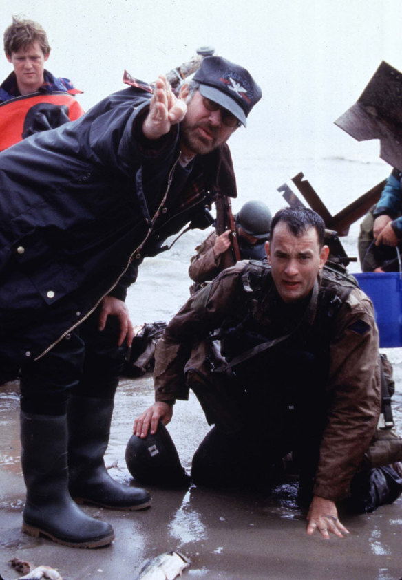 Steven Spielberg directs Tom Hanks as he portrays Captain John Miller in Saving Private Ryan. 