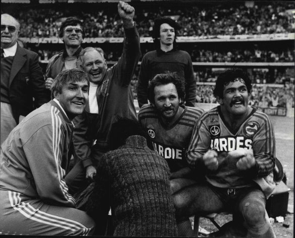 Jubilation from Alf Richards, Ray Price and Kevin Stevens as Parramatta score their last try. 