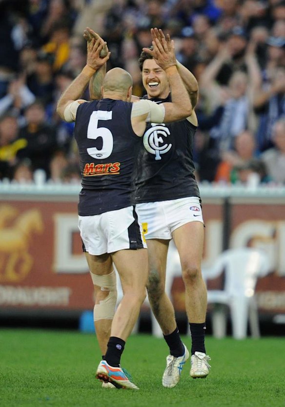 Carlton's Nick Duigan celebrates his fourth goal.