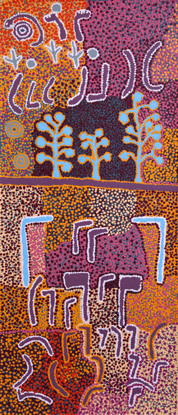 Paddy Japaljarri Stewart's 2011 painting <i>Purlka-purlka Jukurrpa</i> (Old Men Dreaming) shows the Old Men's range of weaponry in a battle between the Japaljarris and the Japangardis.