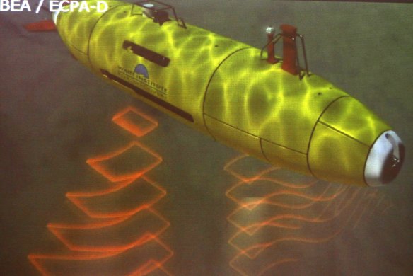 A computer generated image of the submarine using its Sonar (sound navigation and ranging) used for the Air France flight 447 wreckage area .