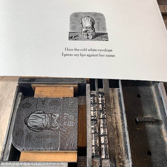 Blocks, type and print on the press for David Frazer’s Love Letter.