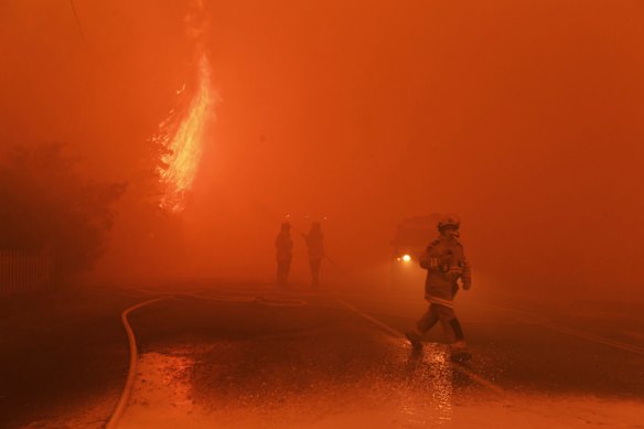 Homes burn near Bilpin , firefighter helpless against a roaring monster, December 21, 2019. 
